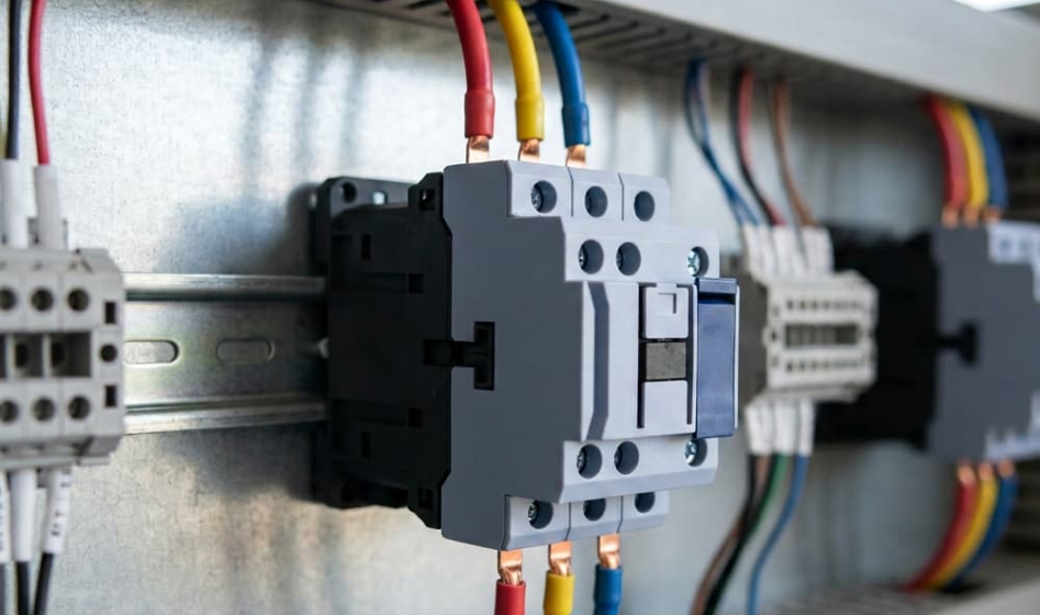 Qué es un contactor, para qué sirve y cómo elegirlo 3 Contactor trifásico montado en riel DIN dentro de un tablero industrial, con los cables que van al motor. (2)