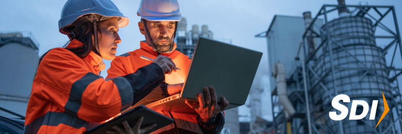 Empleados con laptop industrial rugged en zona de manufactura