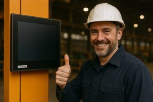 Hombre feliz por que sabe utilizar los HMIs dentro de su industrai