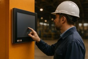 Hombre interactuando con los HMI´s de una empresa