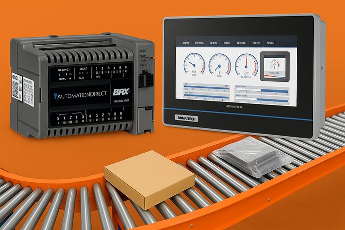 Sistema de Conveyors conectado a un HMI y trabajando con PLC