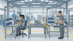 línea ensamble manufactura conveyor gravedad operador estaciones trabajo flujo