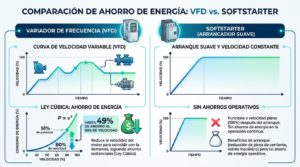 vfd vs softstarter eficiencia energetica ley del cubo bomba ventilador industrial ahorro