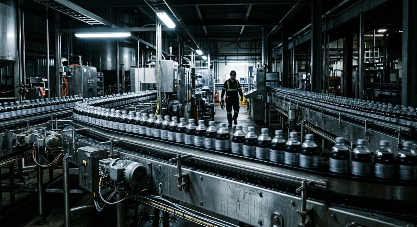 Línea de embotellado de refrescos trabajando de noche en una planta embotelladora